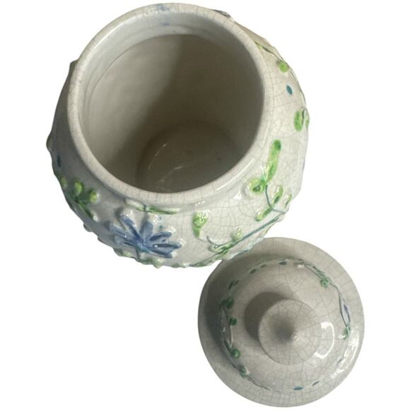 Italian Ceramic Ivory Flowers & Vines Blue Green Crazes Temple Jar 10"H - Picture 4 of 8